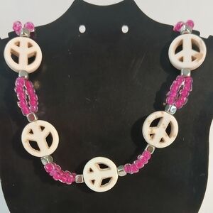Peace Symbol Pink Beaded Necklace 18"